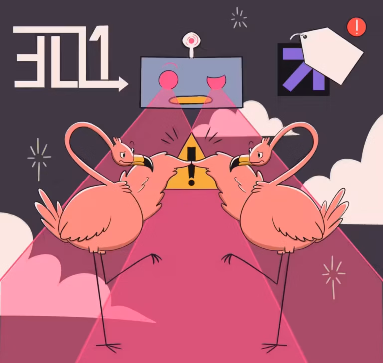 Illustration of two pink flamingos facing each other on a pink triangular path with a yellow warning sign between them, while a robot above projects lasers toward the warning symbol. Surrounding elements include stylized clouds, icons, and a "301 redirect" symbol.