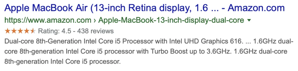 Screenshot of a Google search result for an Apple MacBook Air listing on Amazon. The rating is 4.5 stars from 438 reviews. The MacBook features a 1.6GHz dual-core 8th-generation Intel Core i5 processor.