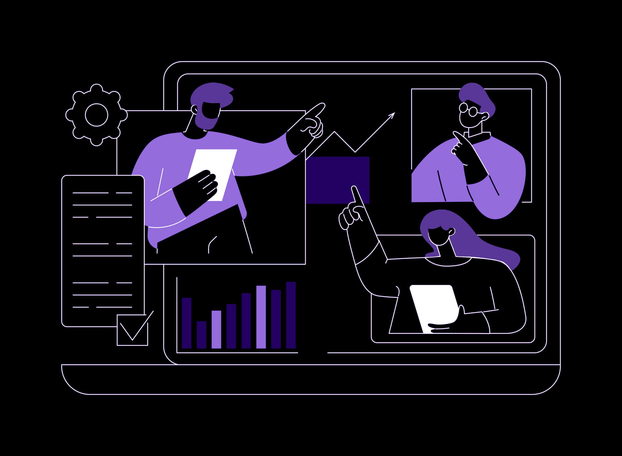Three individuals engaged in a virtual meeting focused on backlink profile analysis, with charts and documents displayed on-screen.
