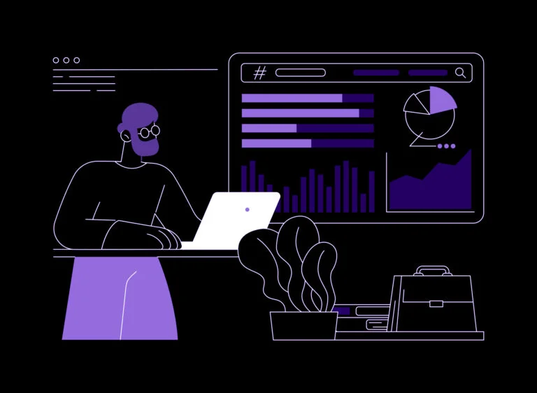 A person working on a laptop to automate keyword research with data analytics displayed on the screen in a dark mode themed illustration.