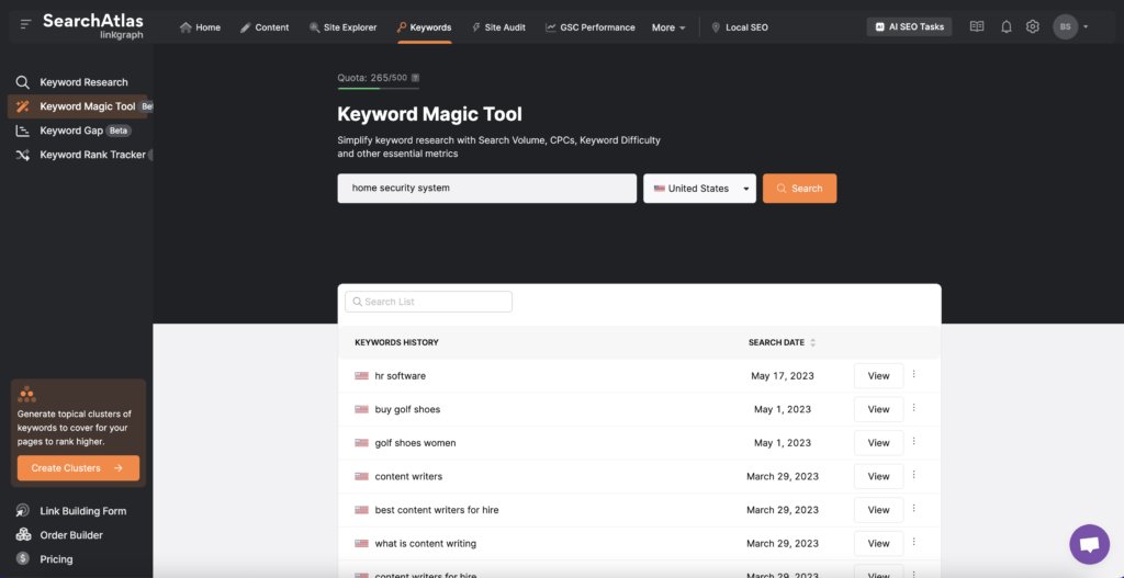 Screenshot of a keyword research automation tool