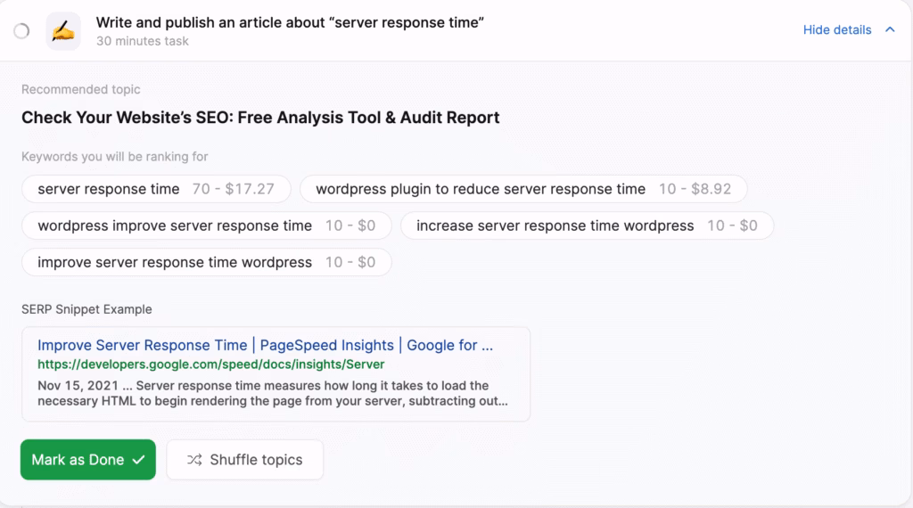 Keyword research suggestions from SEO AI tool named OTTO