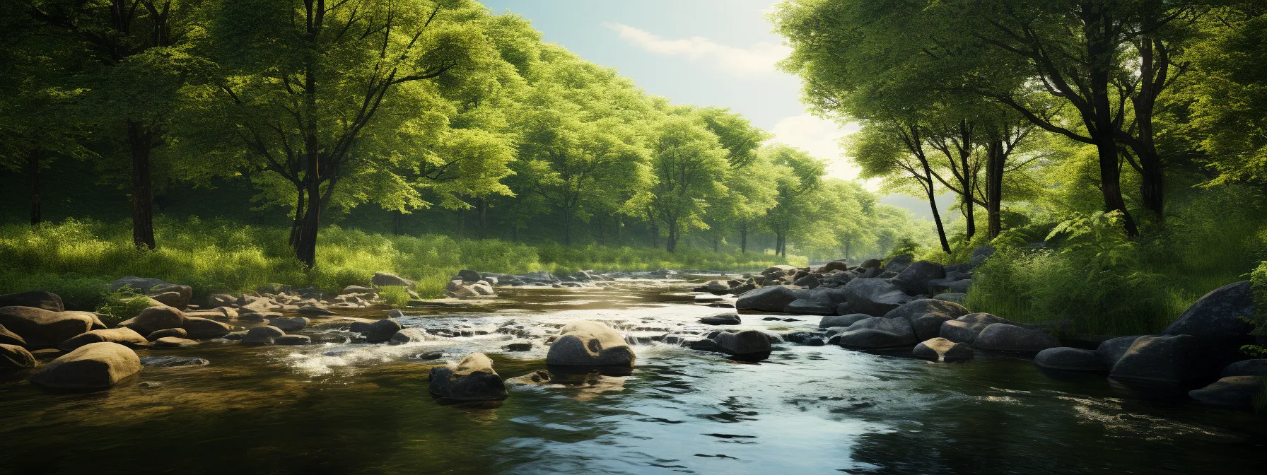 a tranquil landscape with a flowing river surrounded by lush green trees.