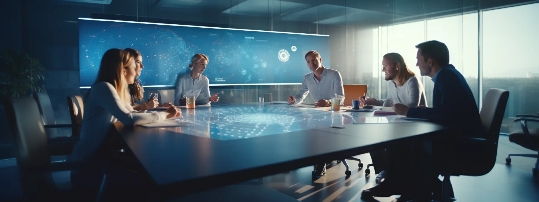 a group of seo professionals discussing strategies and trends in a futuristic, tech-filled conference room.