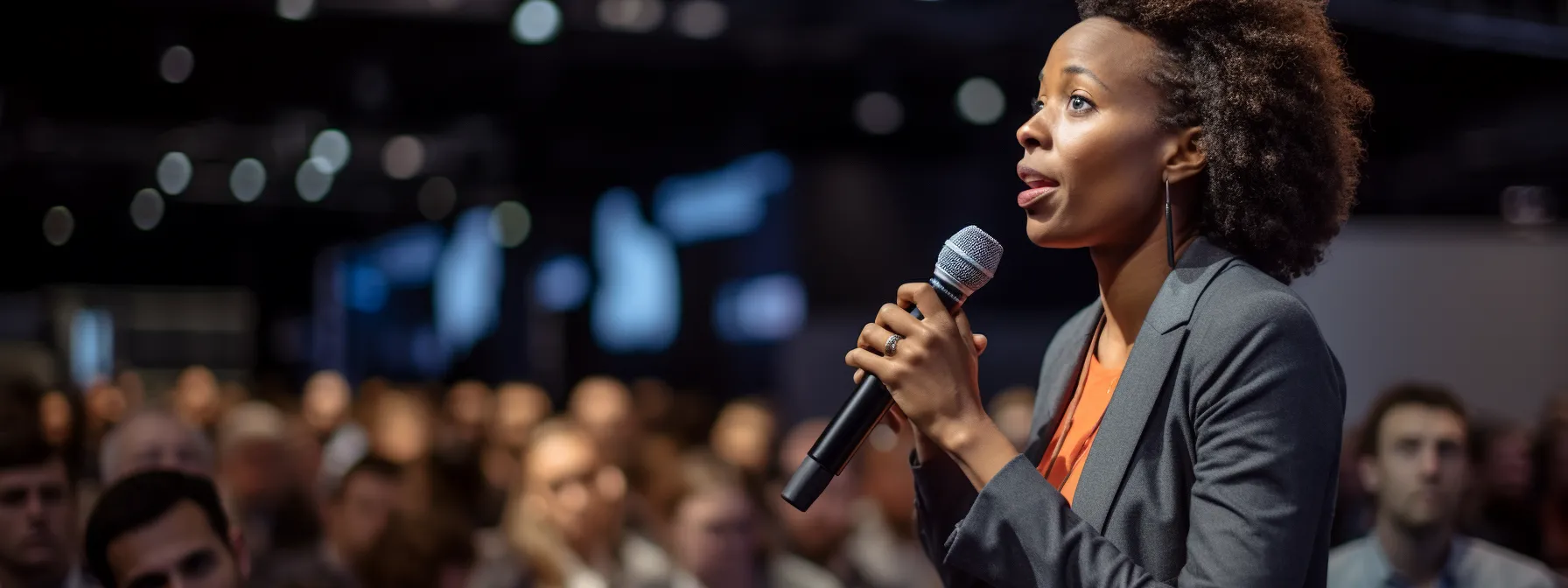 a woman passionately speaking at a conference with a mesmerized audience.