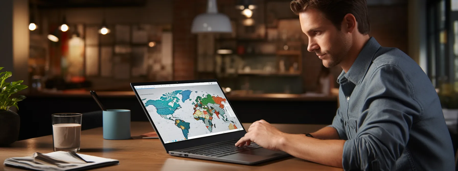 a business owner working on a laptop, surrounded by maps and location-specific information.