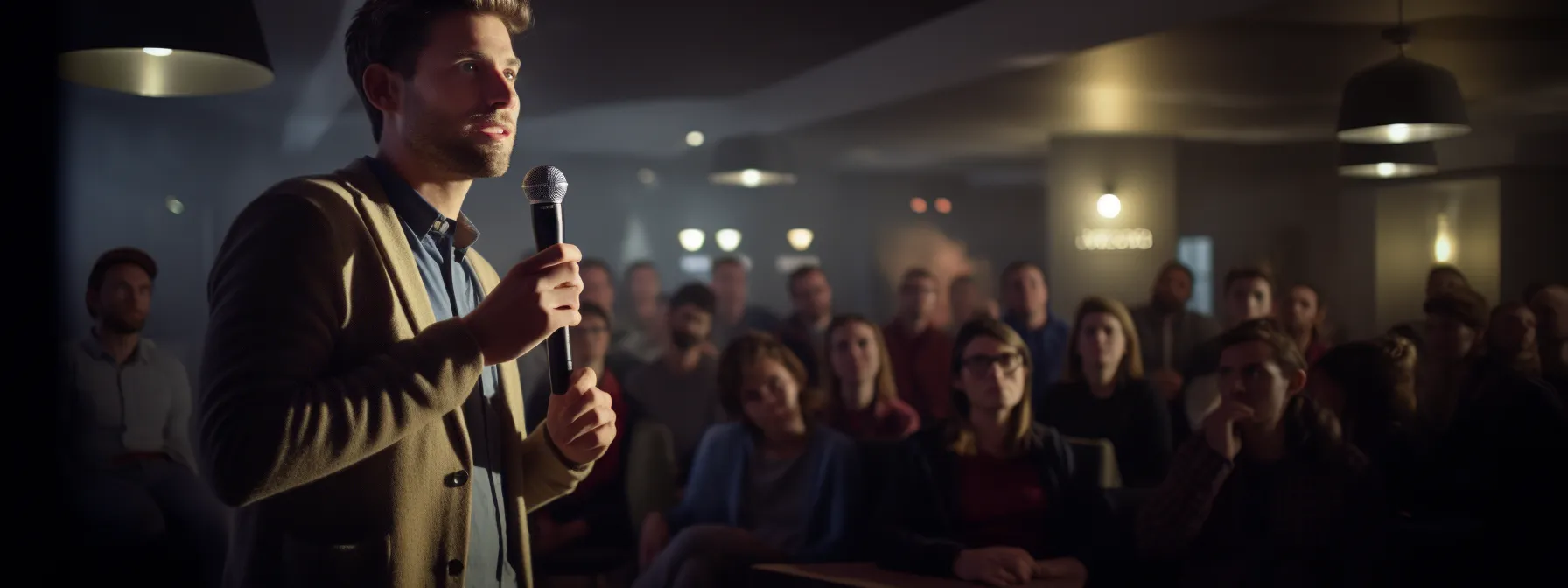 a copywriter, pen in hand, captivates an audience with a powerful storytelling presentation.