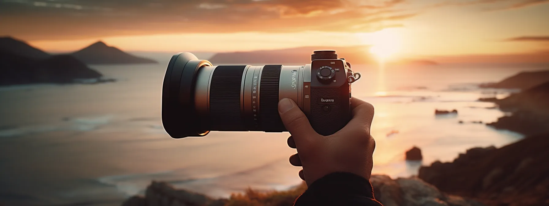 a person holding a camera and capturing a stunning landscape shot.