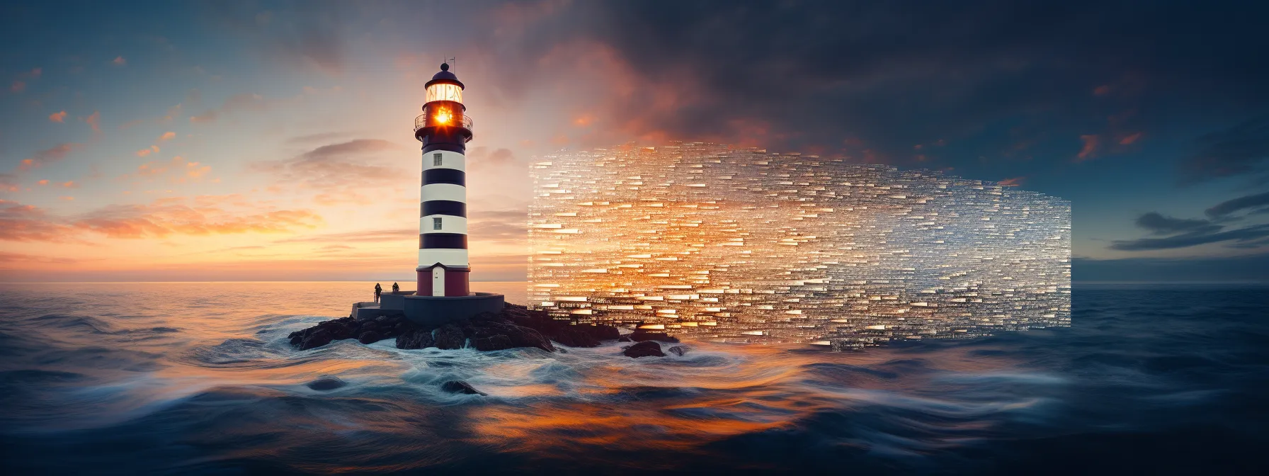 a lighthouse shining brightly over a sea of information, symbolizing the trust signals that google values.