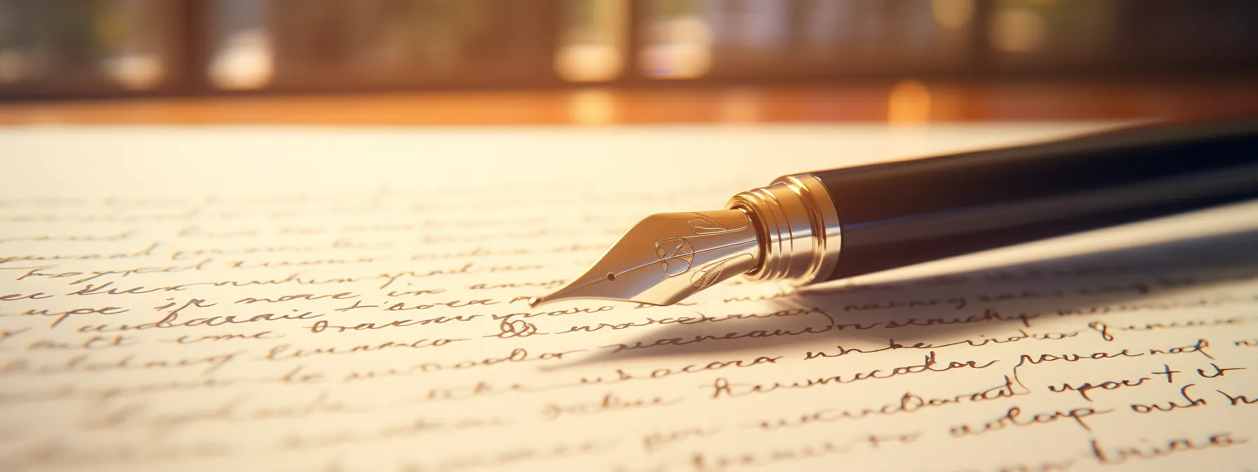 an image showing a pen poised above a paper with various transition words written in a fluid and seamless manner.