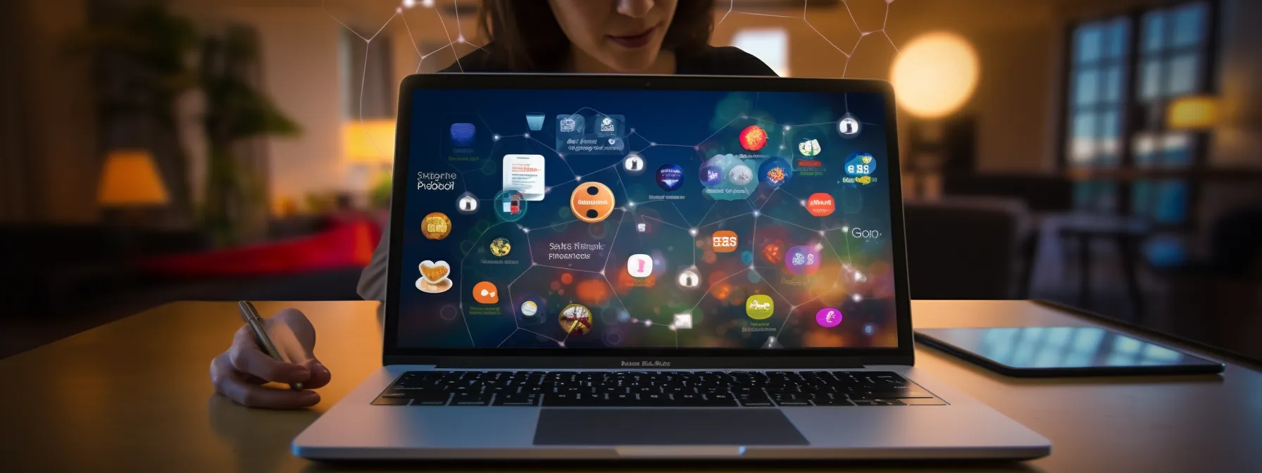 a person holding a laptop, surrounded by different social media icons and a blog post, using them to promote their brand.