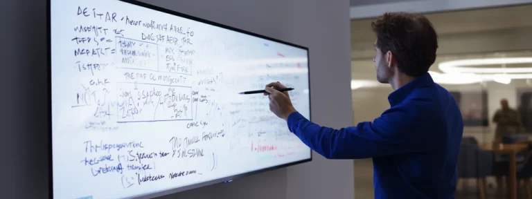 a person writing keyphrases on a whiteboard with a marker.
