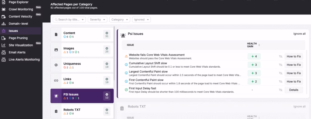 Search Atlas On-page Audit PSI and Speed Issues
