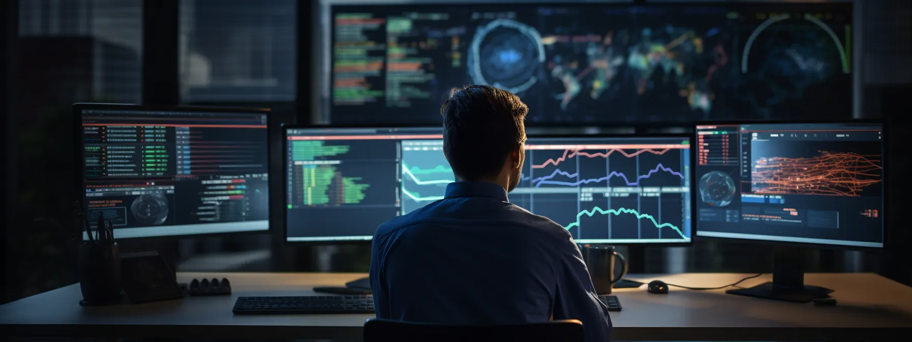 an analyst sitting in front of multiple computer monitors with seo data visualizations and graphs displaying on screens.