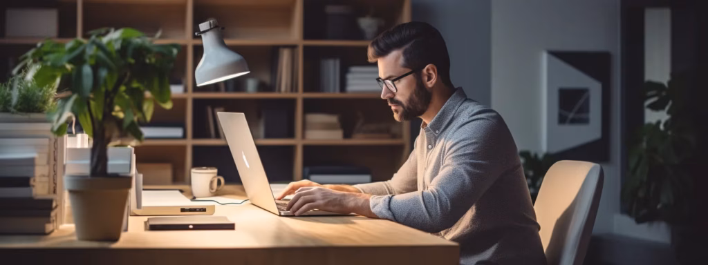 a person sitting at a desk, typing on a computer with a clean and minimalist workspace.