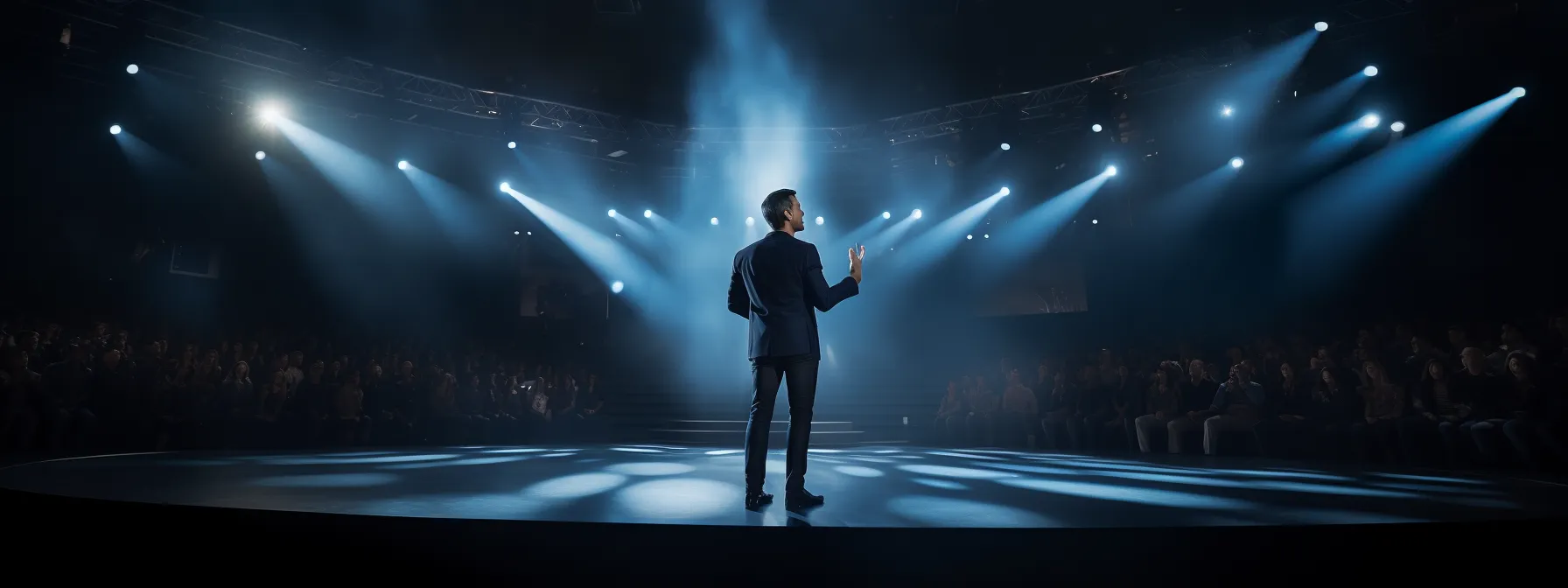 a presenter standing on a stage, delivering a captivating presentation to a large audience.