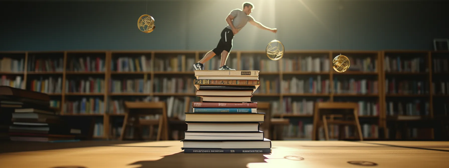 a person balancing on a tightrope between a stack of books and a toolbox.
