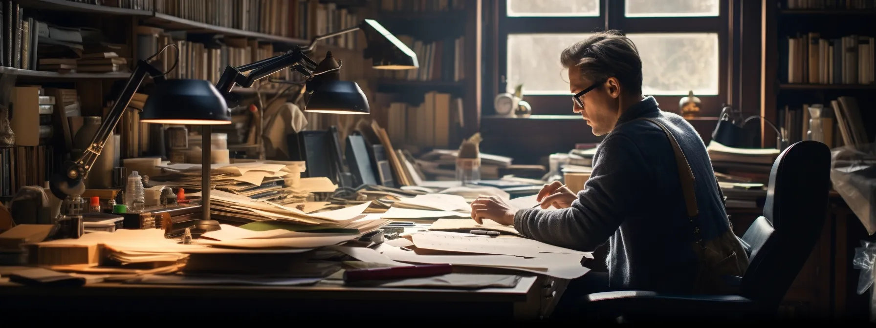 a writer sitting at a desk, surrounded by a collection of books and writing materials, engrossed in crafting captivating sentences using diverse keyphrases.