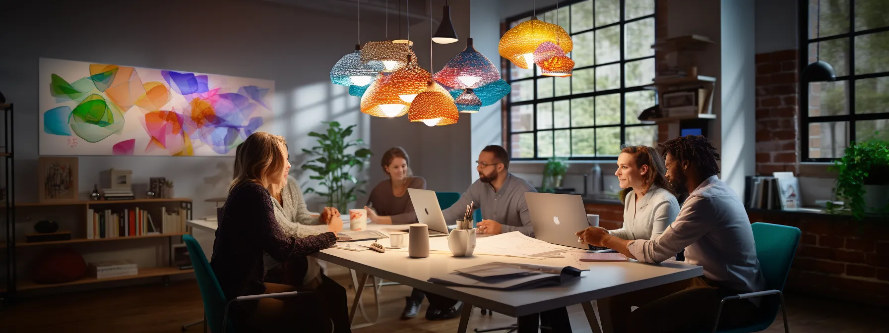 a group of people brainstorming and sharing ideas in a creative workspace with a colorful decor.