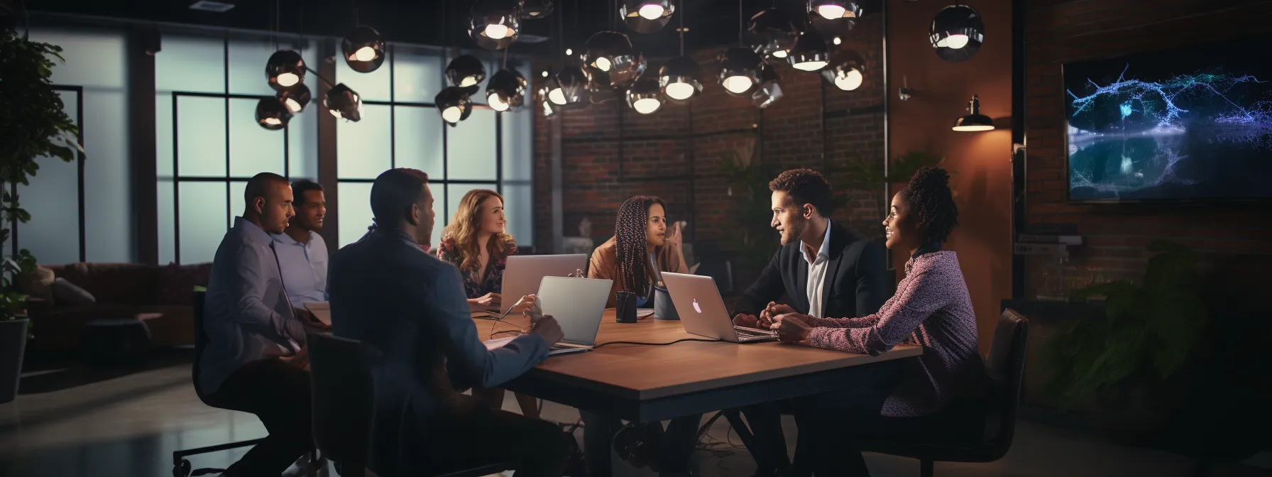 a group of content creators discussing seo strategies and trends in a futuristic conference room.