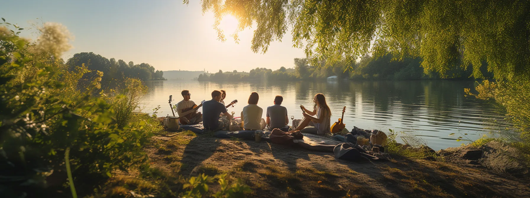 a group of friends enjoys a picnic by a serene lake surrounded by lush greenery.