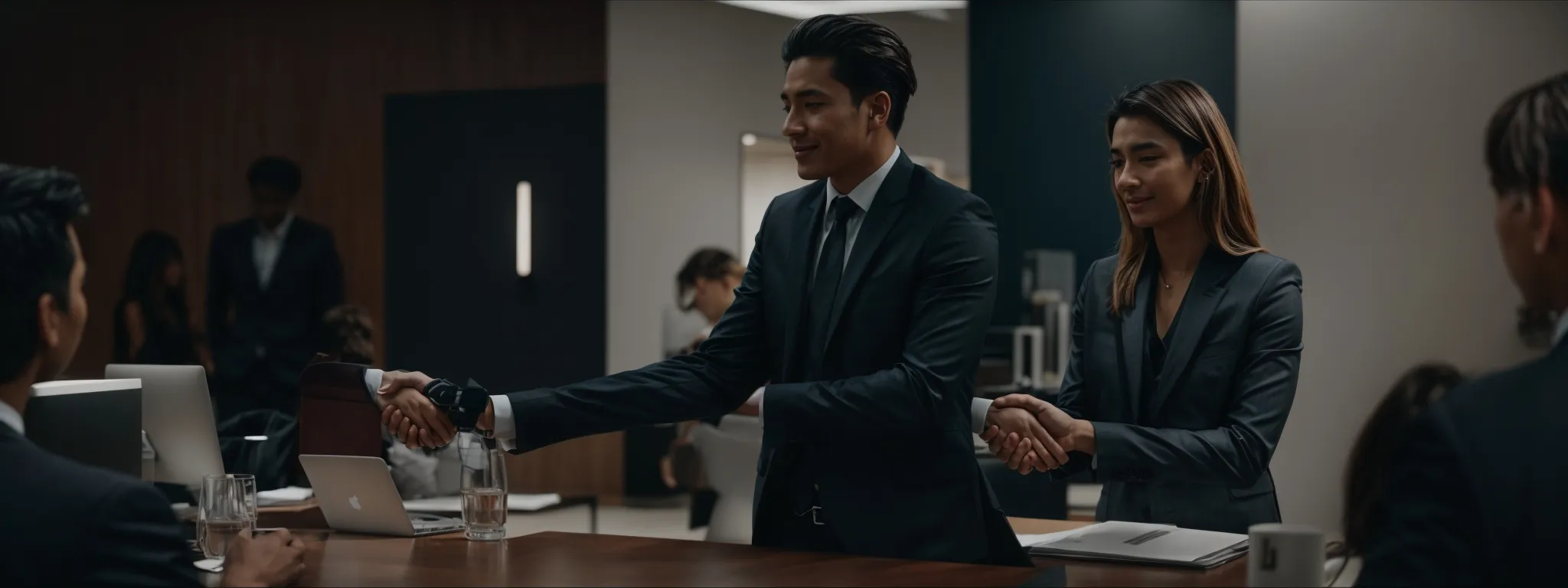 a marketer and influencer shaking hands in a modern office, symbolizing a partnership deal.