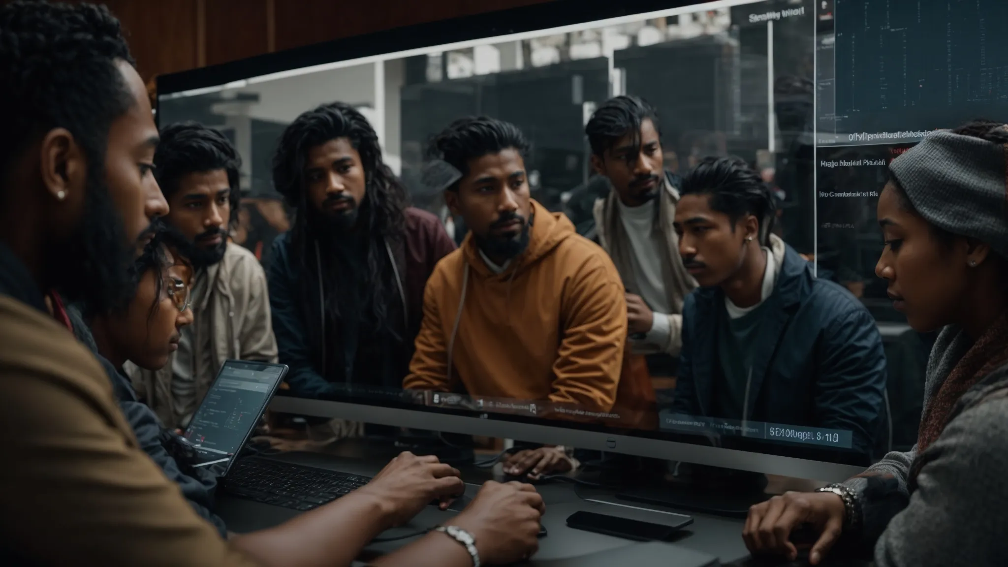 a diverse group of people from various cultures are gathered around a computer screen displaying youtube analytics.