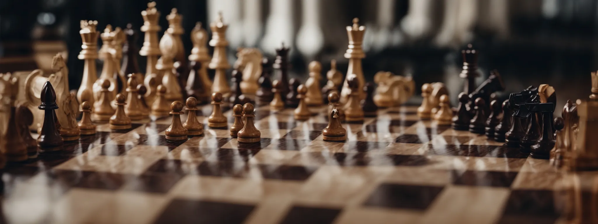 a chess board poised mid-game, symbolizing strategy and tactics employed in competitive seo landscapes.