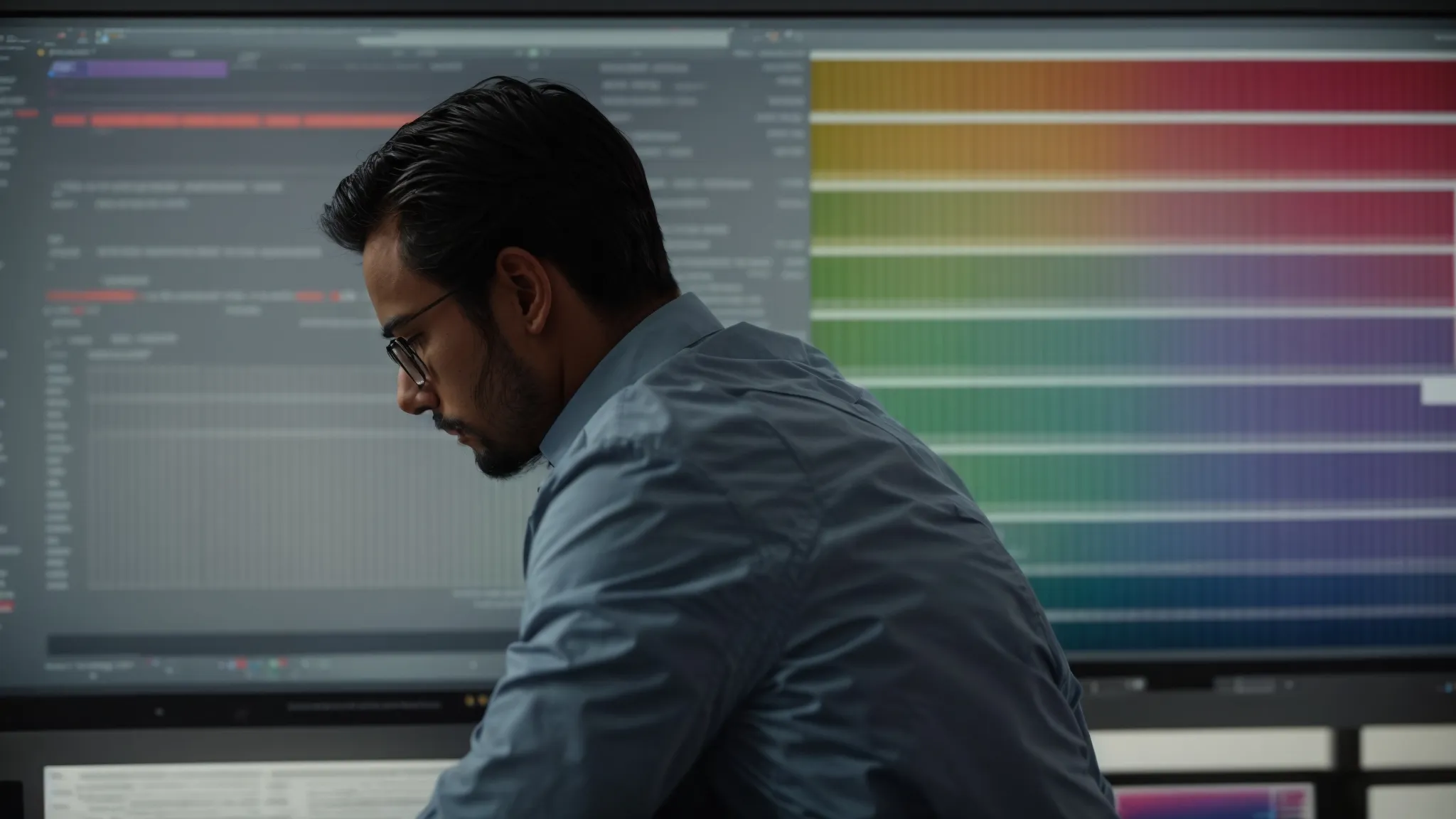 a person thoughtfully analyzing text on a large computer screen, displaying various color-coded readability scores and suggestions.
