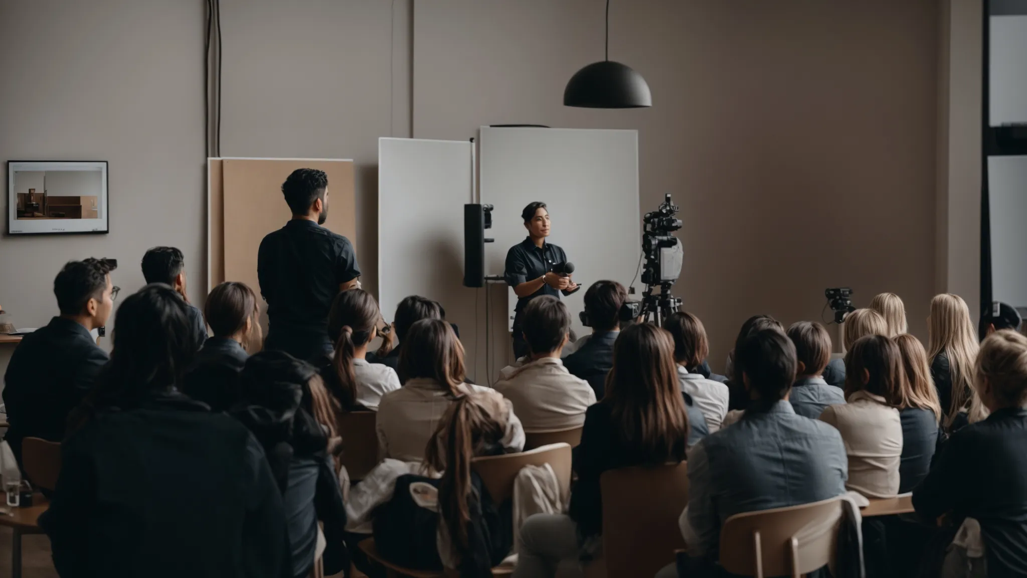 a professional content creator presents at a workshop surrounded by eager listeners.