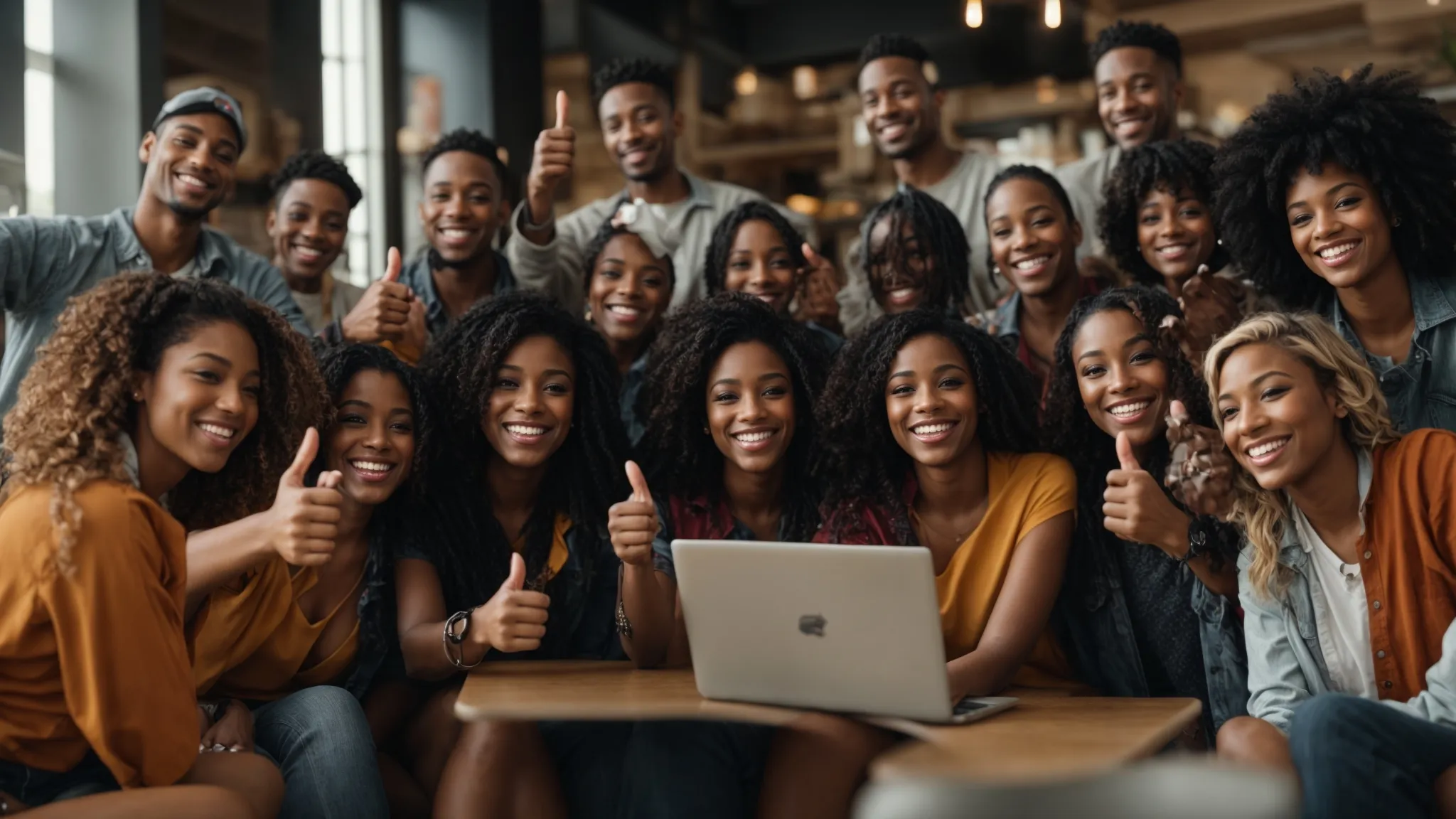 a satisfied group of diverse people collectively using technology amid positive imagery like a thumbs up or a 5-star rating.