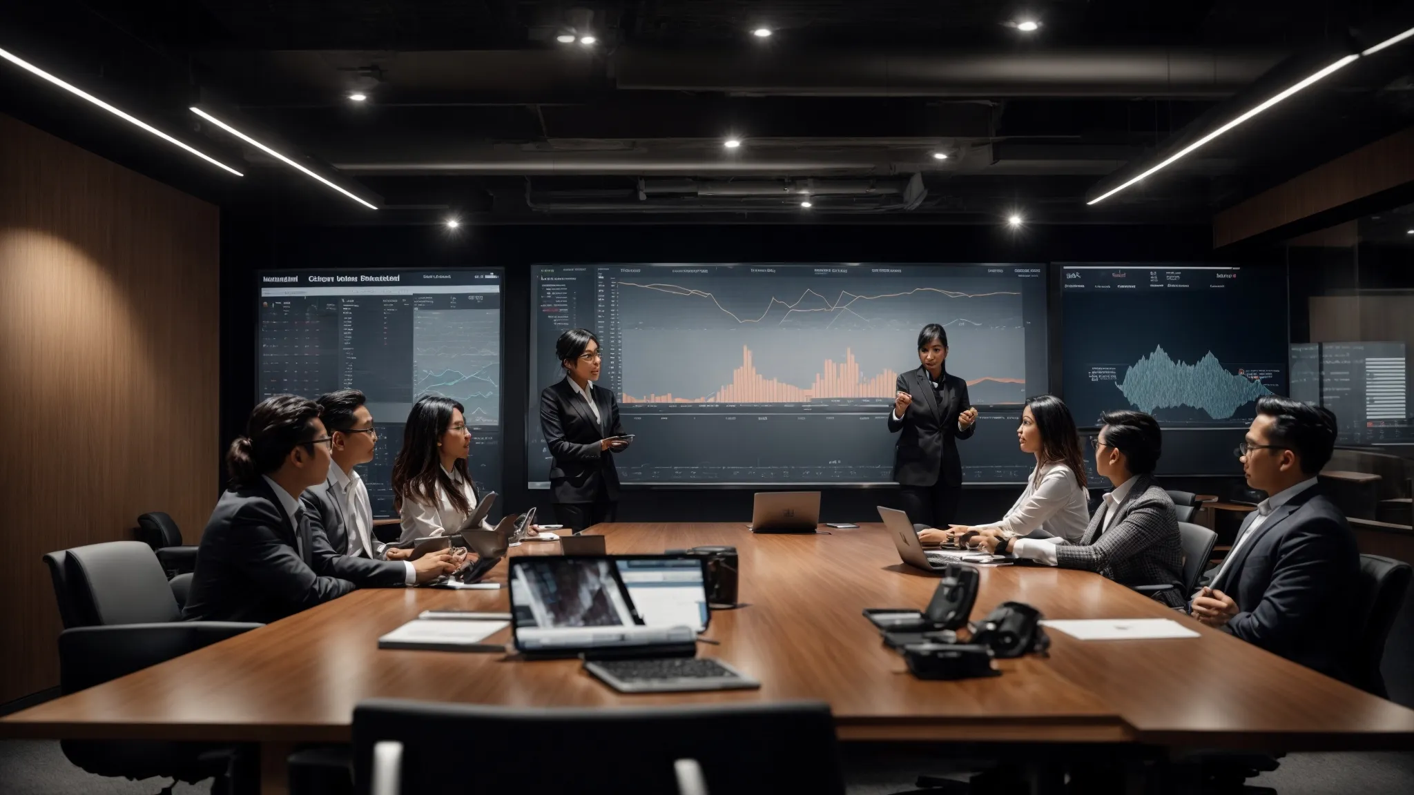a dynamic meeting room where marketing professionals are engaging with an interactive digital analytics dashboard, strategizing content adaptations.