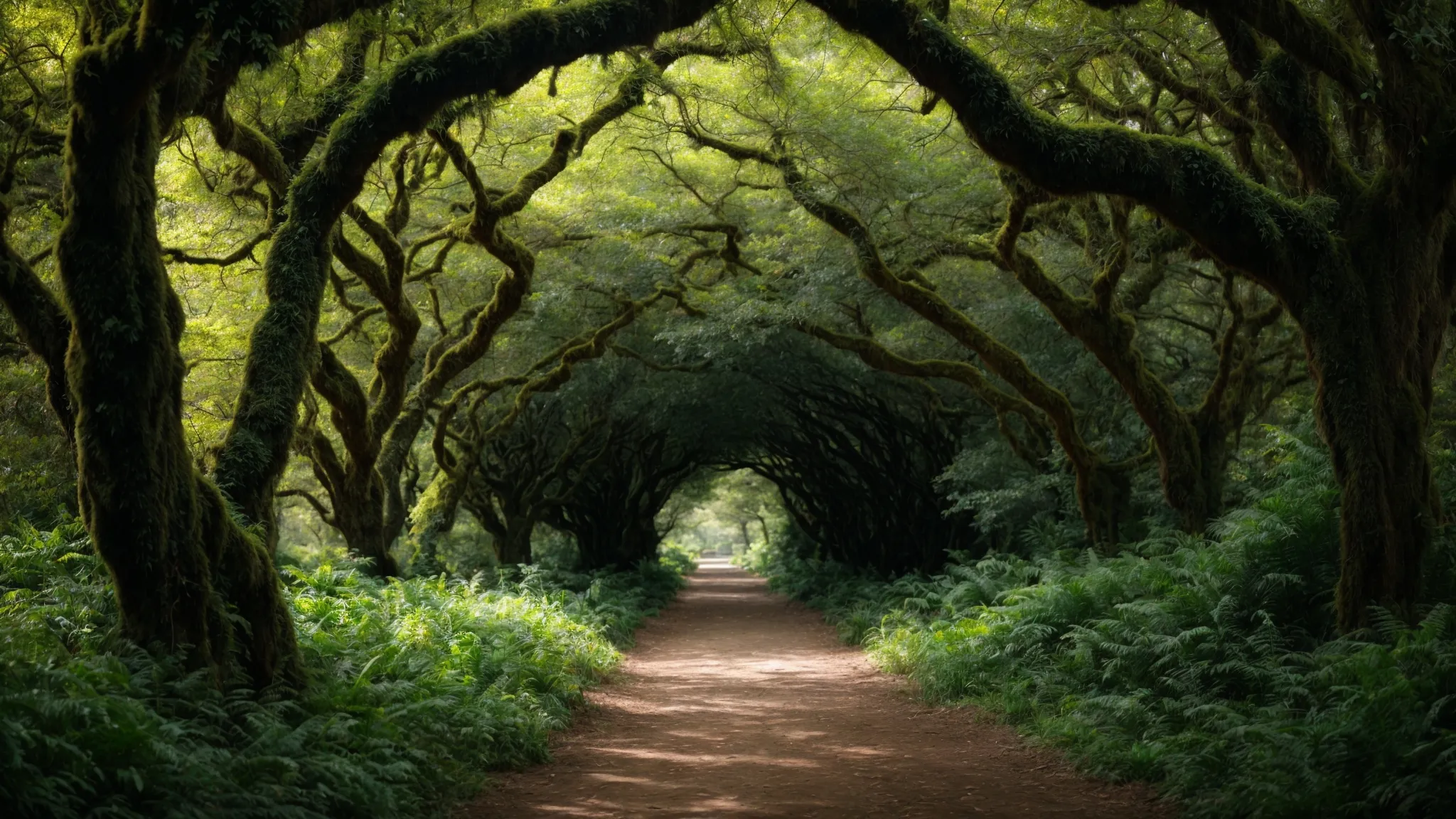 a serene image of a lush path in a forest, leading the eye through a natural archway of intertwining tree branches.