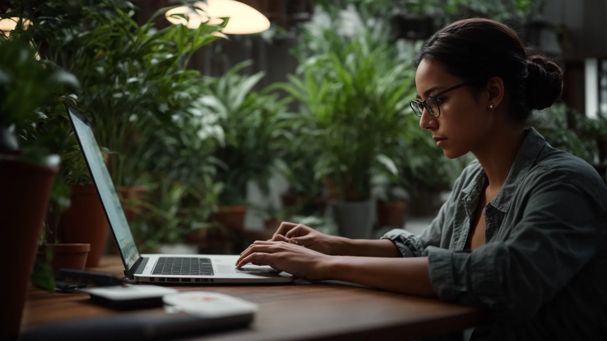 a person thoughtfully types on a laptop at a desk surrounded by plants, reflecting content creation in a serene environment.