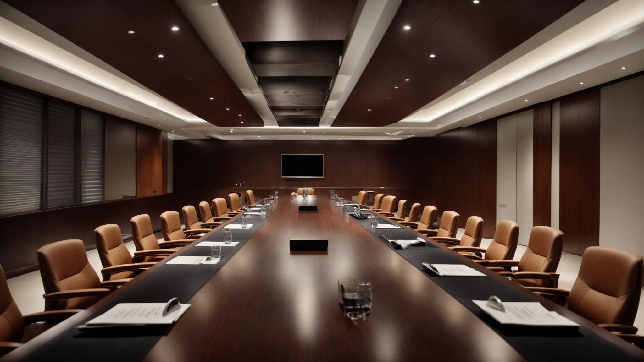 a boardroom with a large table and empty chairs, indicating a forthcoming strategic meeting.