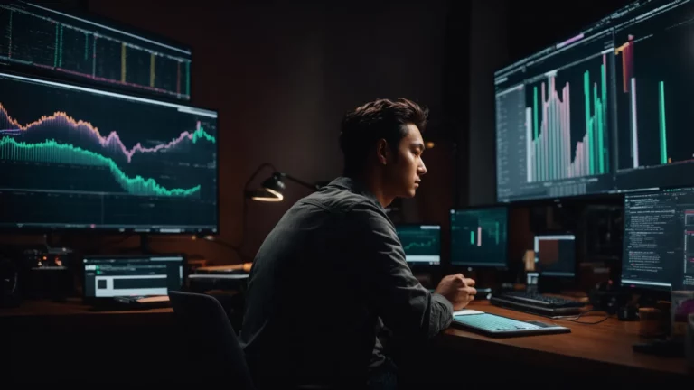 a content creator thoughtfully analyzing colorful graphs and trends on a computer monitor displaying youtube analytics.
