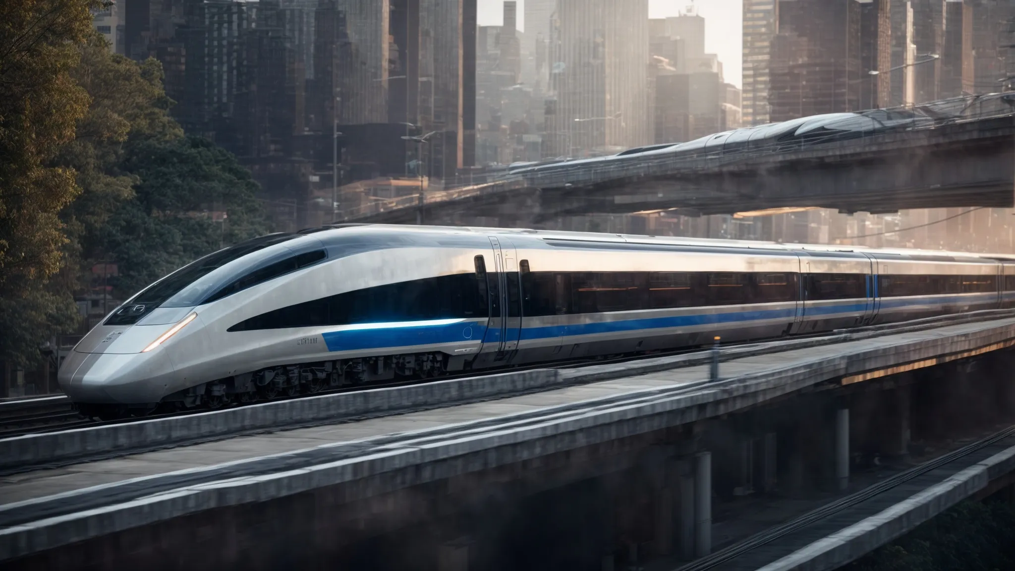 a sleek, high-speed train effortlessly glides through a futuristic cityscape, symbolizing efficiency and rapid movement.