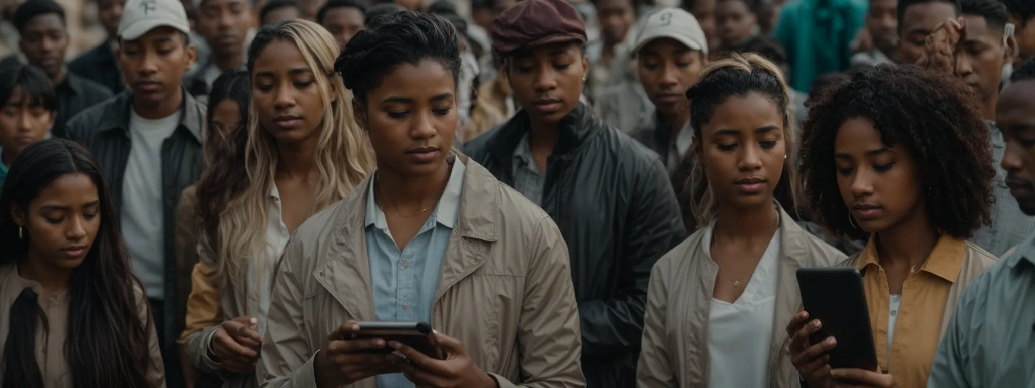 a diverse group of people stands together, each looking at a different smartphone or tablet screen, symbolizing a globally connected audience.