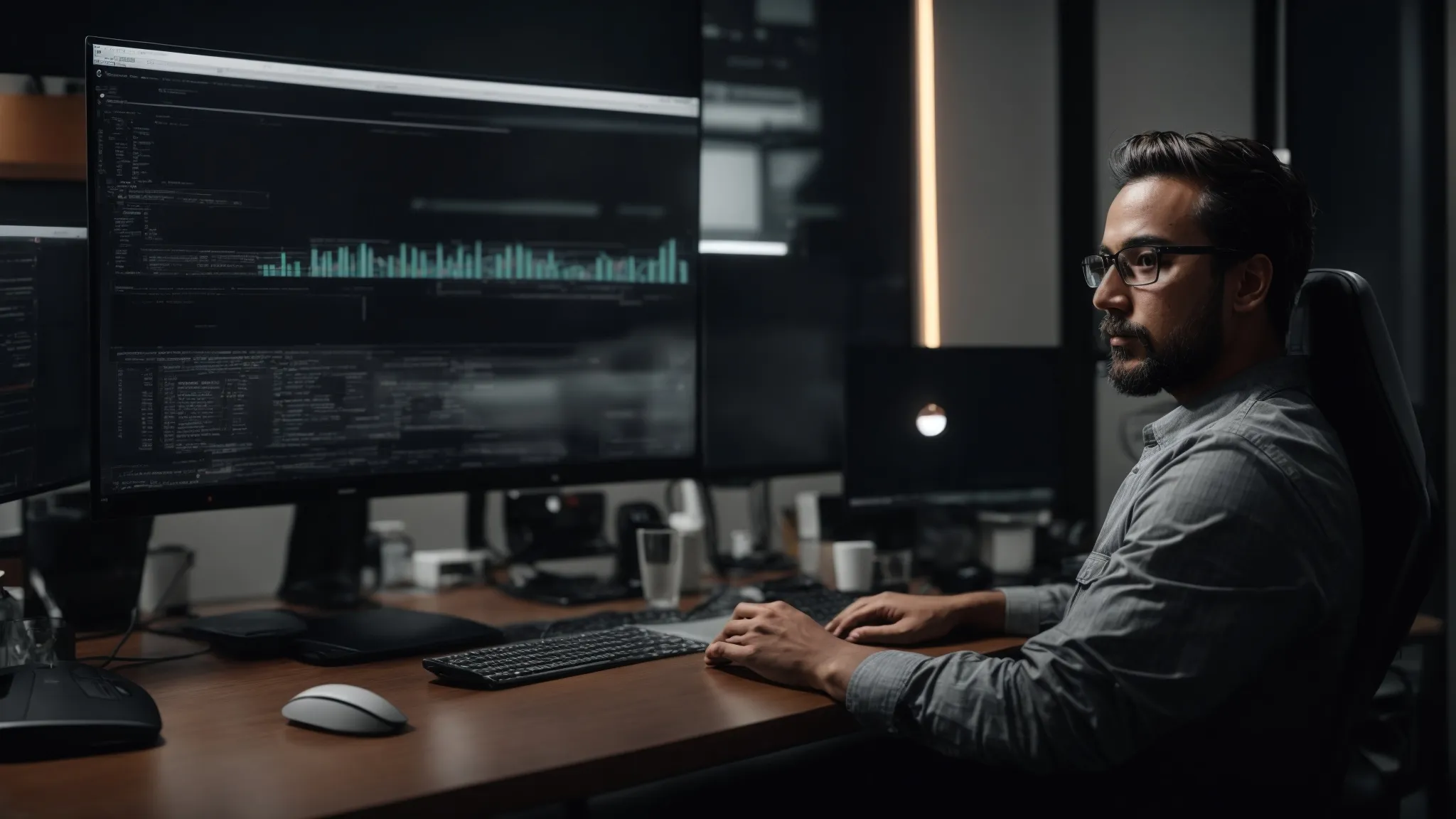a website developer sits before dual monitors, immersed in optimizing a website's architecture for enhanced performance and search engine visibility.