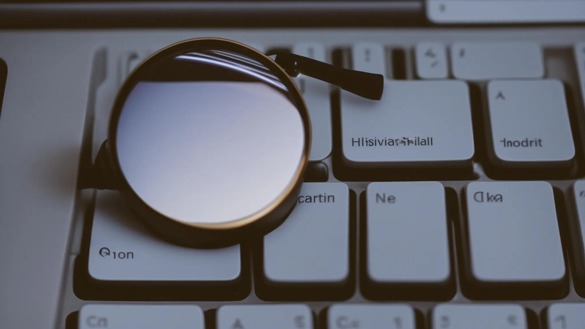 a close-up of a magnifying glass on a computer keyboard, symbolizing detailed search and optimization.