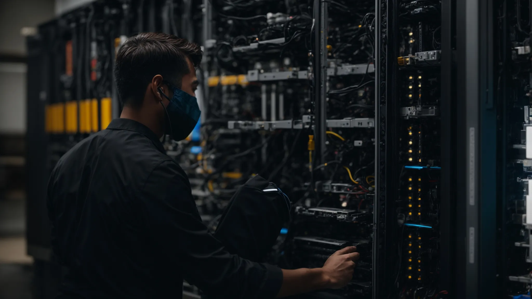 a technician inspecting the back-end of a server to ensure optimal performance.