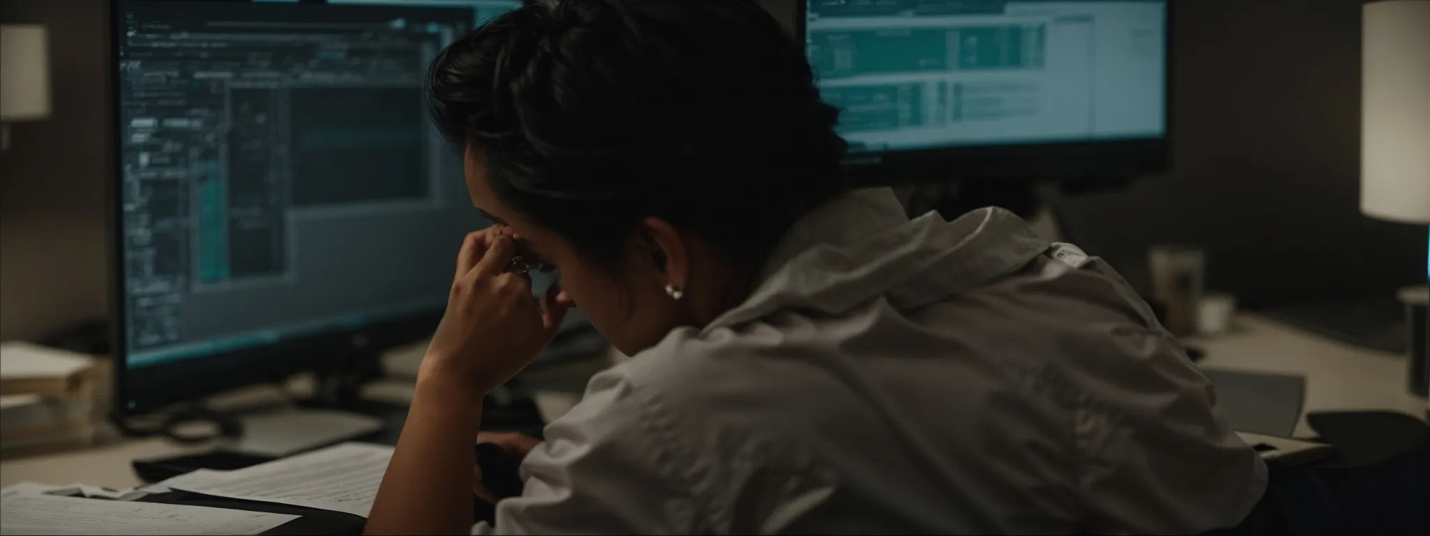 a person sitting at a computer, reviewing a document on the screen with a look of concentration as they edit text.