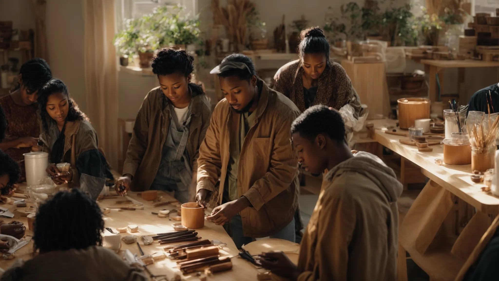 a diverse group of people gather around a worktable engaging in a creative craft workshop under the warm glow of natural light.