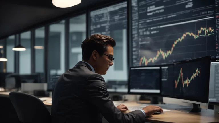 a business person analyzing a flourishing graph on a computer screen in a bright, modern office space.