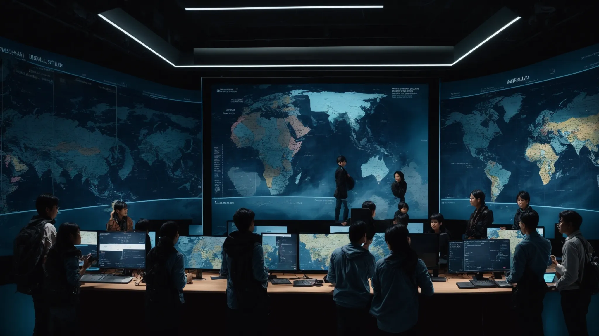 a team of multicultural professionals collaborates around a high-tech digital screen displaying a world map.