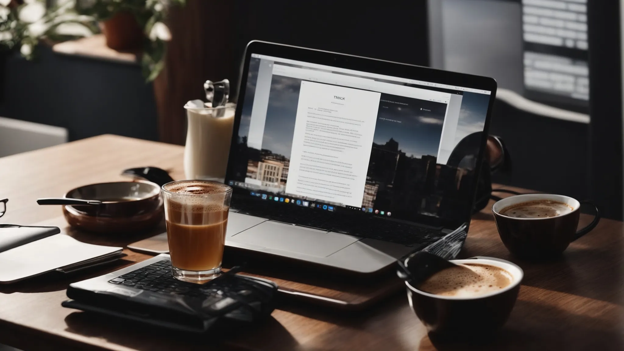 a laptop with an open notepad and a cup of coffee on a desk, symbolizing a productive blogging workspace.
