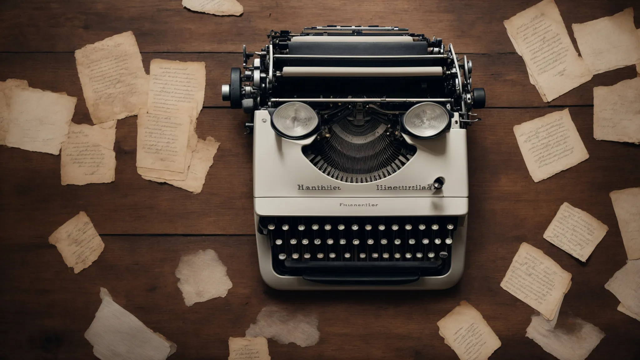 a typewriter sits on an old wooden desk surrounded by scattered pages filled with handwritten text.