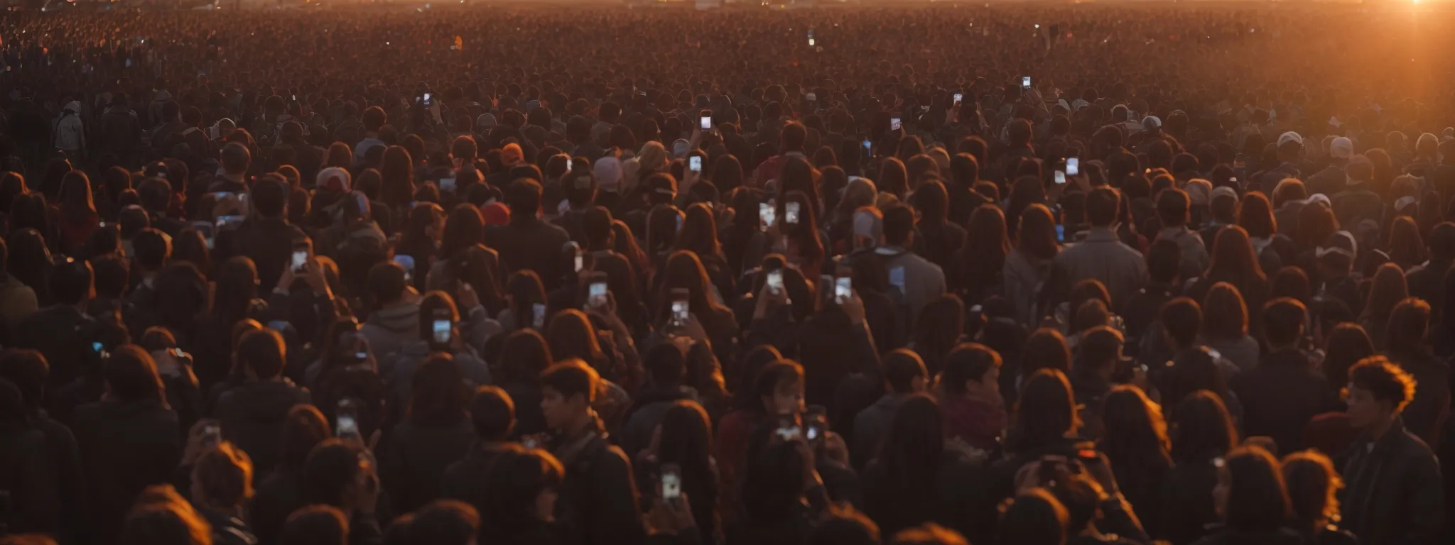a vibrant, high-resolution image of a crowd at sunset, where the silhouettes of people are holding their smartphones up to capture the moment.