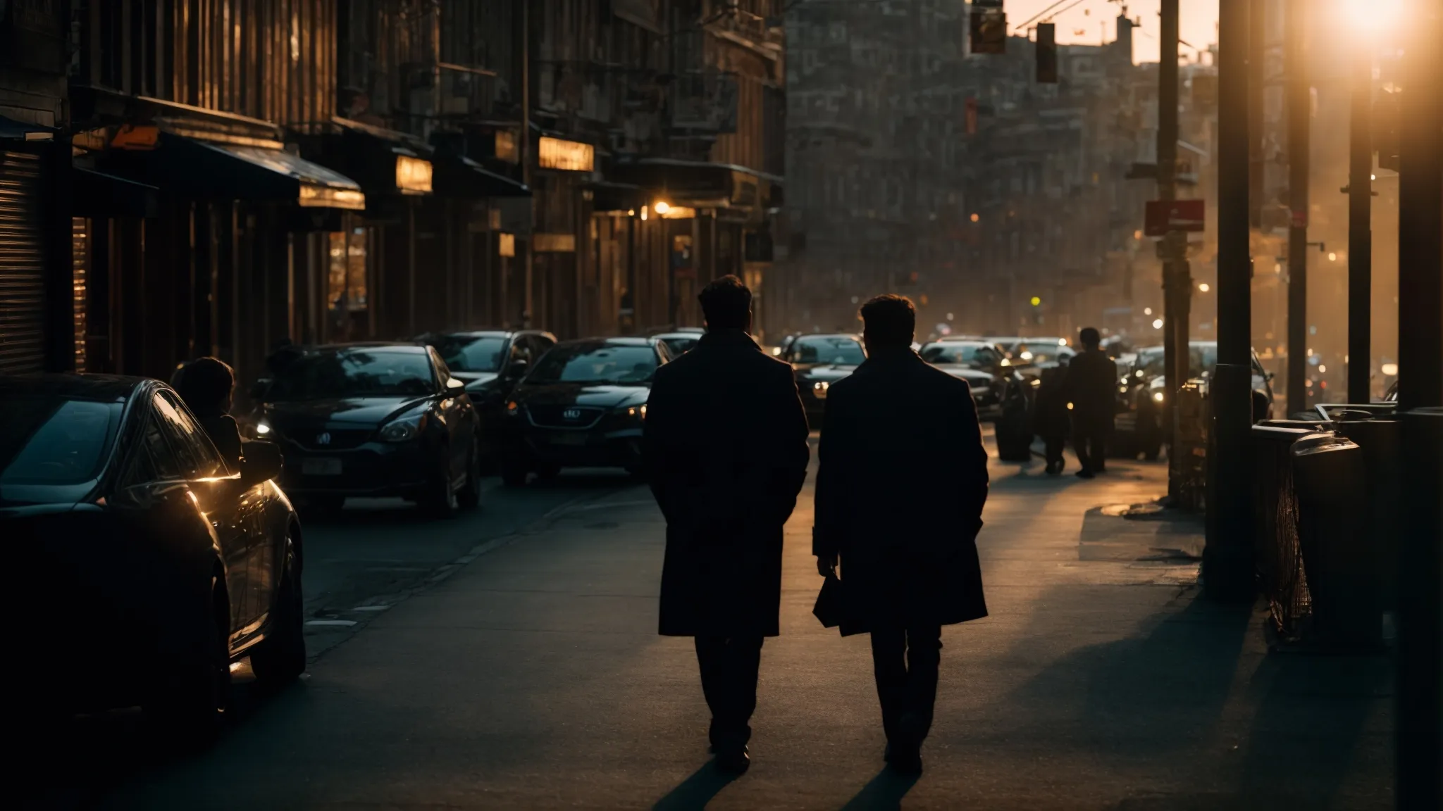 two silhouetted figures engage in an intense conversation along a bustling city street at dusk.