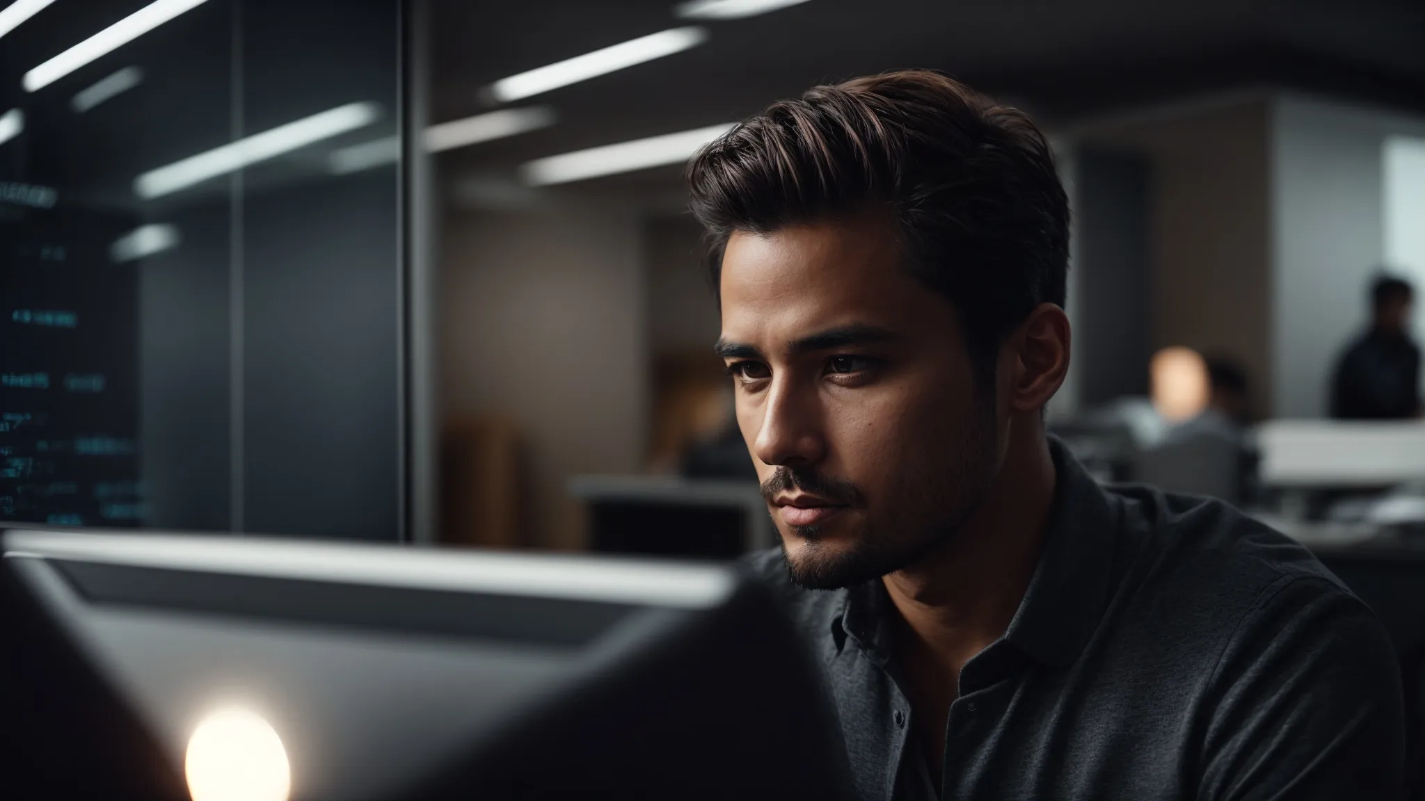 a focused individual staring at a brightly lit computer screen in a modern office, symbolizing strategic seo planning.
